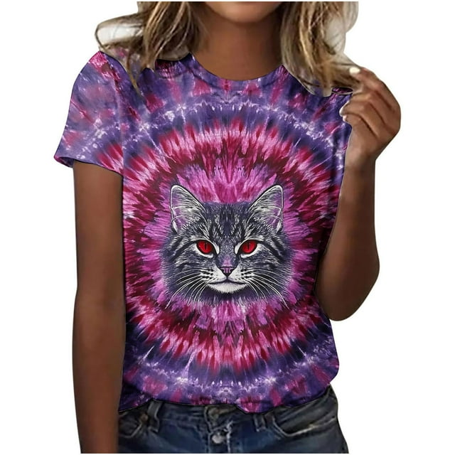 Camiseta Impresa Casual de Cuello Tripulado de Manga Corta de las Mujeres, Blusa Ligera de Mezcla de Poliéster para el Uso Diario