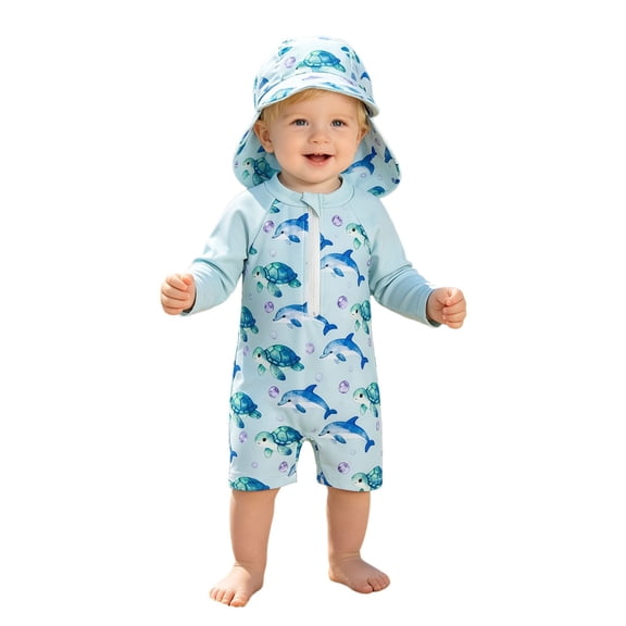 Lullu Boys Long Sleeve Rash Guard One-Piece Swimsuit with Hat Bathing Suits, Sizes 3M-3T