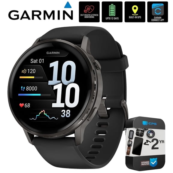 Garmin 010-03014-00 Venu 4, 45 mm Health & Fitness GPS Smartwatch, Slate with Black Silicone Band Bundle with 2 YR CPS Extended Warranty