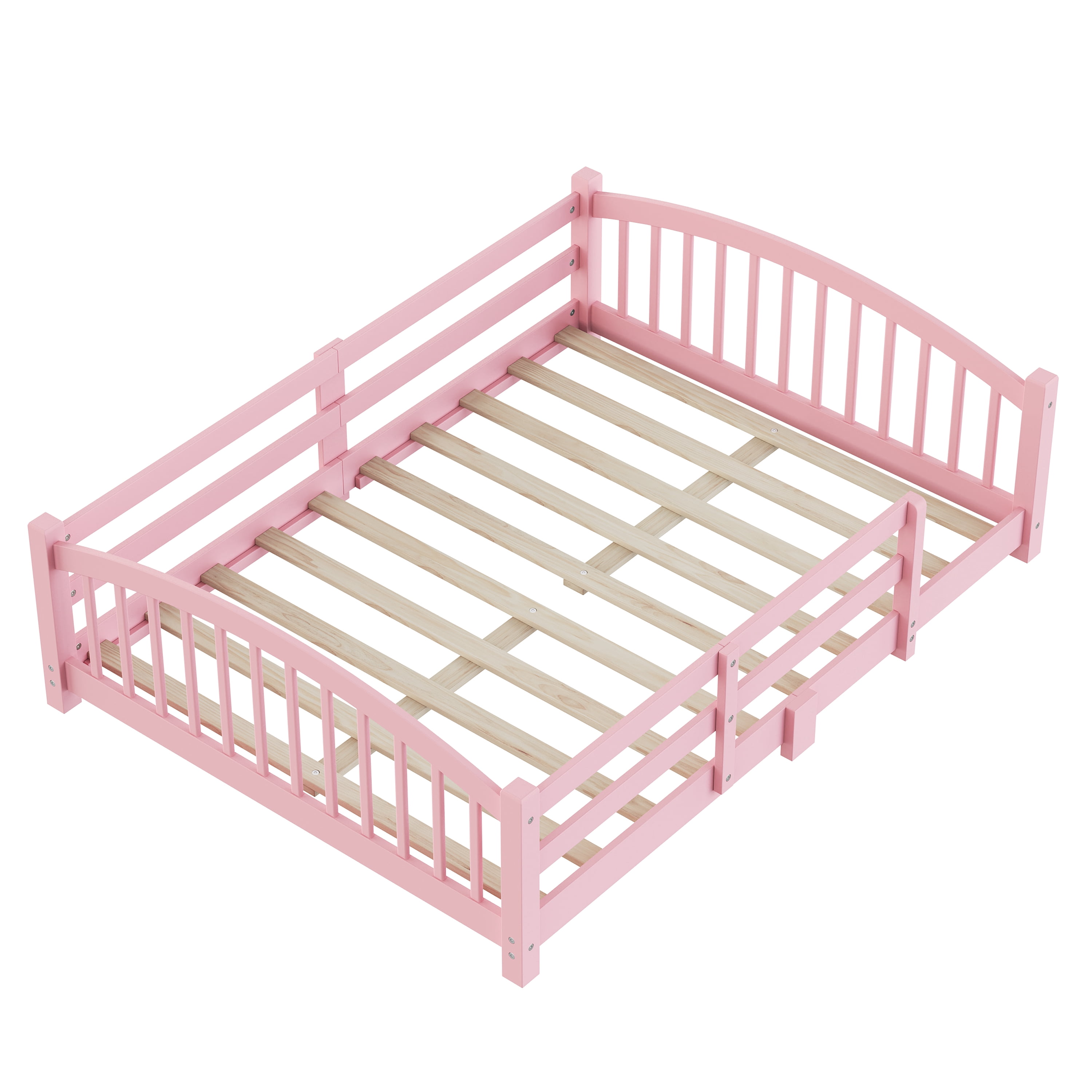 Harper & Bright Designs Full Montessori Floor Bed with Safety Guardrails, Solid Wood Floor Bed with Fence for Girls and Boys Bedroom, Pink