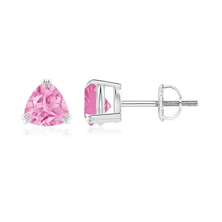 Sapphire Trillion Earrings - September Birthstone Earrings - Double Claw-Set Trillion Pink Sapphire Stud Earrings in 14K White Gold (5mm Pink Sapphire) - SE1094PS-WG-A-5