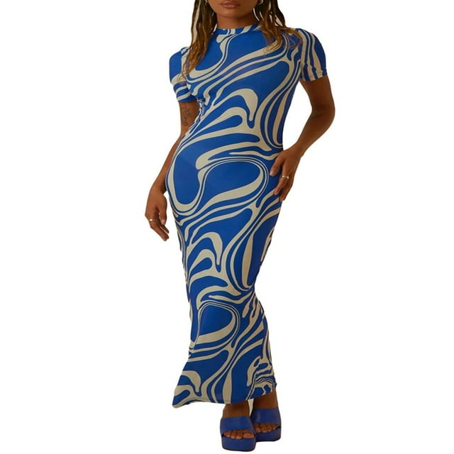 Femmes Print Maxi Crayon Robes Faux Cou Cravate Teinture Robe Longue Robe Élégante Soirée Club Robe
