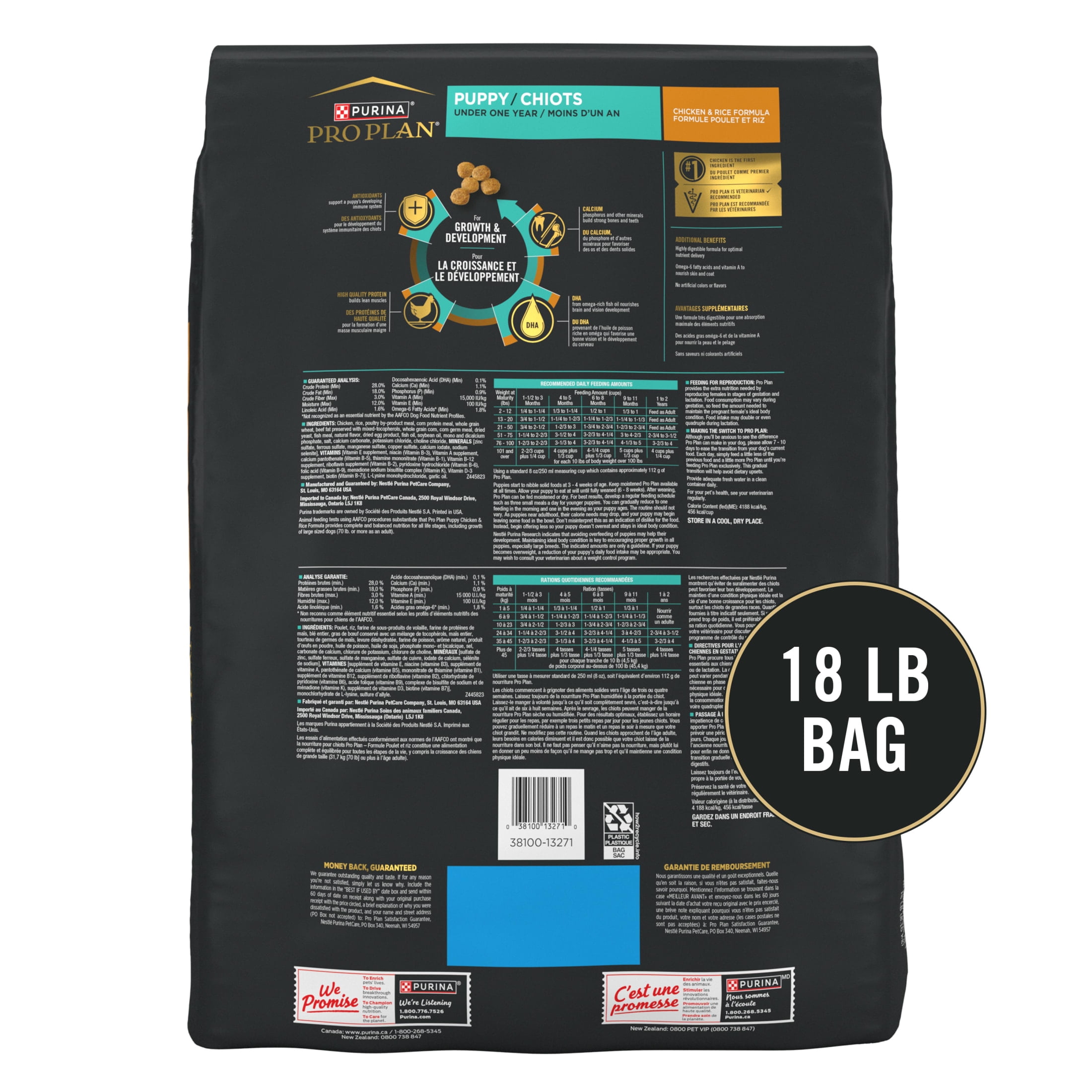 Purina Pro Plan Puppy Dry Dog Food, Lean Muscle Support, High Protein Chicken & Rice, 18 lb Bag