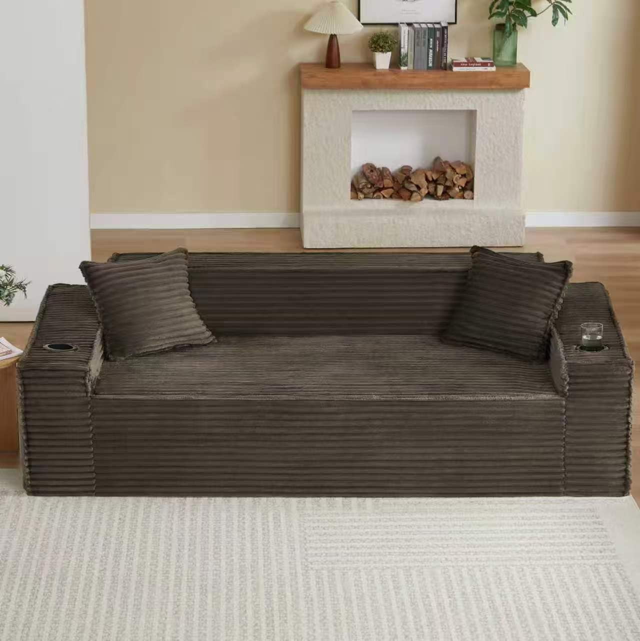 80.7" Boneless Sofa Couches with Cup Holder,3 Seat Couch with Side Pocket, Cloud Couch for Compact Living Rooms, Apartments，Brown