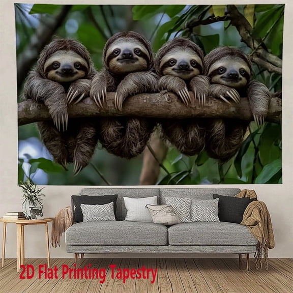 A cute tapestry depicting a family of sloths perched on a tree branch, featuring an adorable animal-themed print. Suitable for decorating homes, living rooms, bedrooms, offices, and studios.