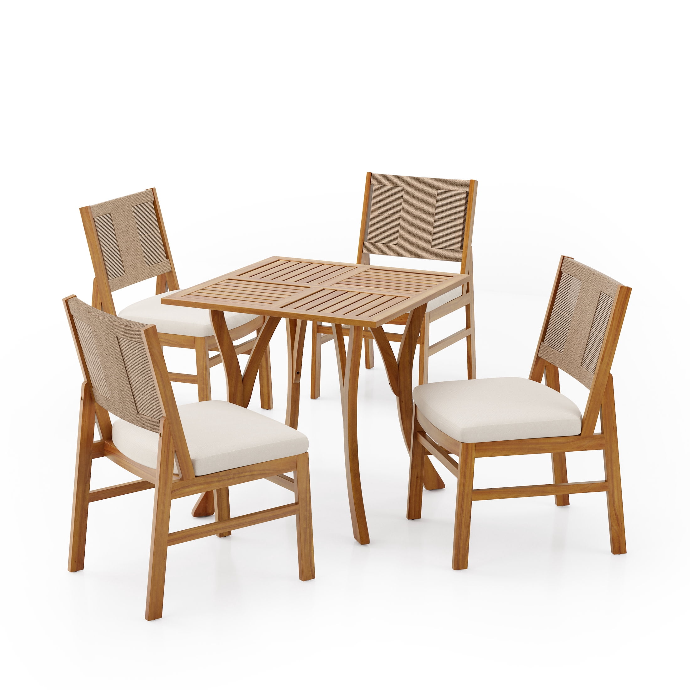 Christopher Knight Home 5-Piece Rustic Outdoor Dining Set, Wood Wicker Chairs with Cushions, Square Teak Finish Table