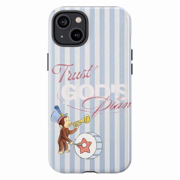 Trust God's Plan Inspirational Phone Case with Curious Monkey, Cute Cartoon Blue Striped iPhone Cover for iPhone 17 16 15 14 13 12 11 Plus Pro Max Mini
