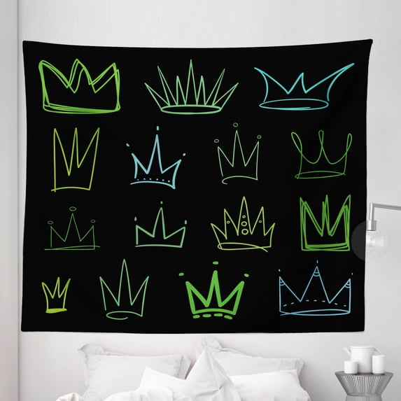 Empress Tapestry, Abstract Graphic Digi Art Style Hand Drawn Look Royal Crowns Cartoon Prince, Fabric Wall Hanging Decor for Bedroom Living Room Dorm, 5 Sizes, Black Green Blue, by Ambesonne