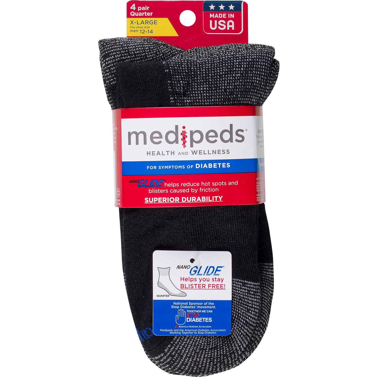 MediPeds NanoGLIDE Non-Binding Quarter Crew Socks, X-Large Mens 12-15 - Foto 3