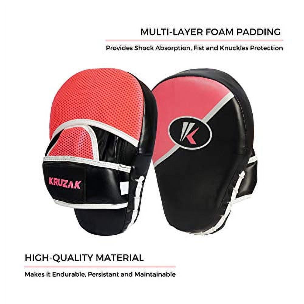 Kruzak Two-Tone Focus Mitts and Boxing Gloves Set for Kickboxing and Muay Thai MMA Training| Focus Pads + Training Gloves | Fitness Kit for Martial Arts and Karate (Black/Pink, 10 oz)