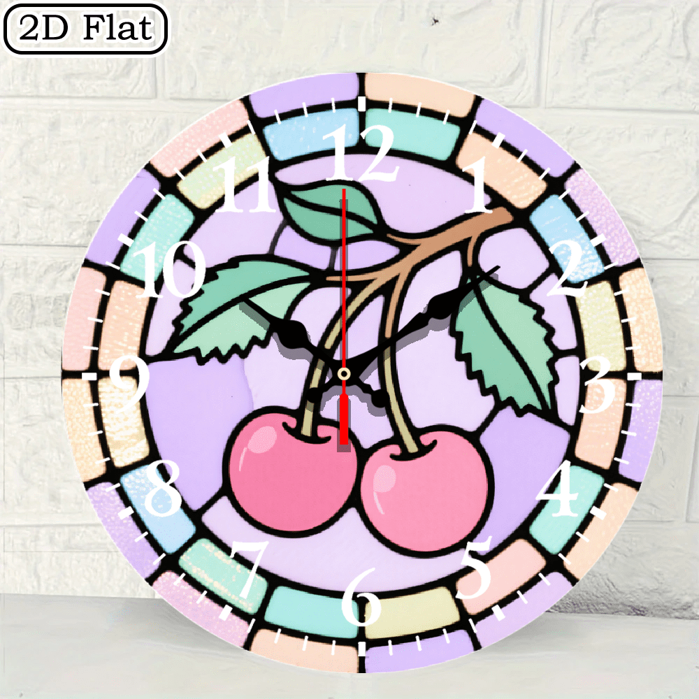 Stained Glass Cherry Pattern Digital Wall Clock Round 10x10 Inch Decorative Art Mosaic Style Timepiece 1pc Battery Not Included
