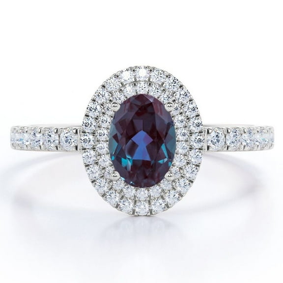 JeenMata 1.75 Carat Oval Cut Created Alexandrite and Moissanite - Double Halo - Pave Accented Engagement Ring - 18K White Gold Plating over Silver