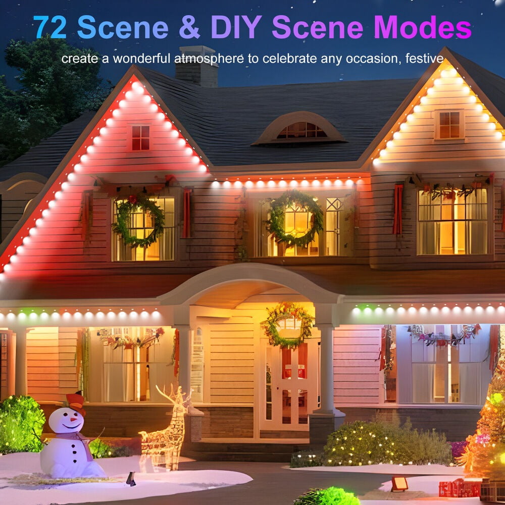 Permanent Outdoor Lights, 100ft Smart RGB+IC Outdoor Lights with 72 Scene Modes, 60 LED Eaves Lights IP67 Waterproof for Holidays, Party, Daily, Compatible with Alexa, Google Assistant