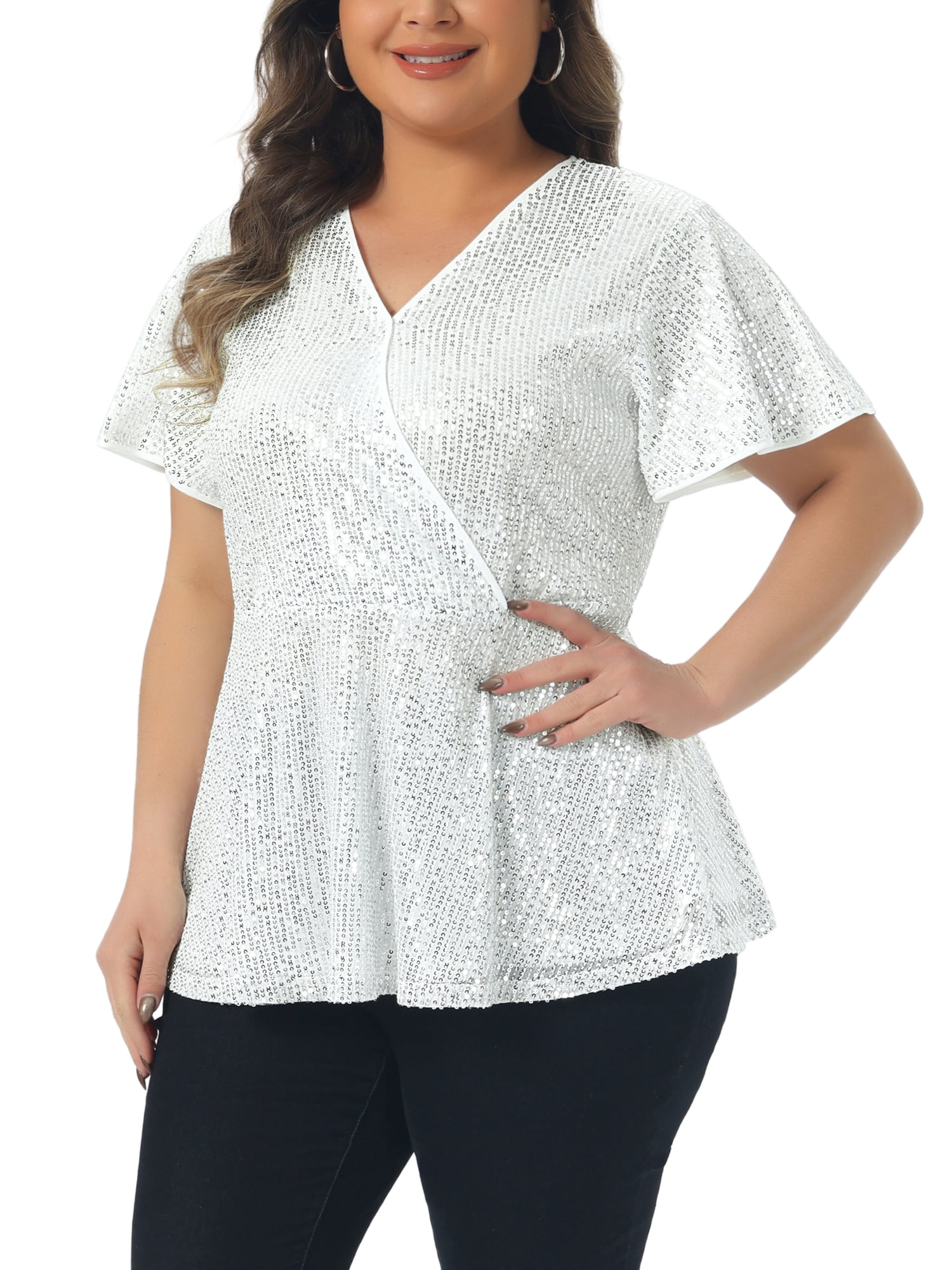 DARING DIVA Women's Plus Sequin V Neck Faux Wrap Metallic Shirt 2X Silver