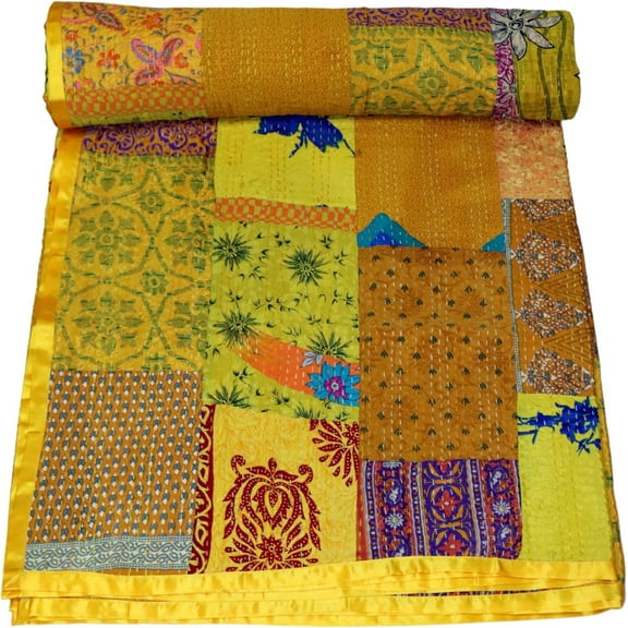 Marusthali indian patchwork quilts hand made quilt cotton bedspread kantha throw quilts silk sari blanket indian handmade cotton quilt throw blanket bedspread gudari (Yellow Silk, Twin)