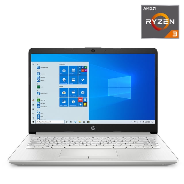 laptop hp 14 silver ryzen 3 amd radeon graphics 4gb 128gb ssd win10 Portátil HP 14" plateado, vista frontal con pantalla FHD 14.0" IPS micro-borde mostrando Windows 10; teclado y touchpad integrados, cámara HD en el marco superior y logo HP en el bisel inferior. Delgado y ultraportátil, adecuado para trabajo móvil y videollamadas; también frecuentemente usado como equipo secundario para estudio o viaje.