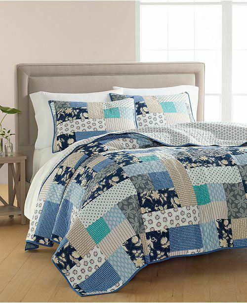 Martha Stewart Collection Contrast Patchwork Cotton Reversible Quilt KING Navy 