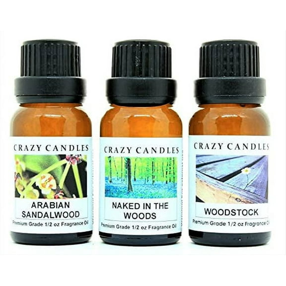 Crazy Candles 3 Bottles Set, 1 Arabian Sandalwood, 1 Naked in The Woods, 1 Woodstock 1/2 Fl Oz Each (15ml) Premium Grade Scented Fragrance Oils