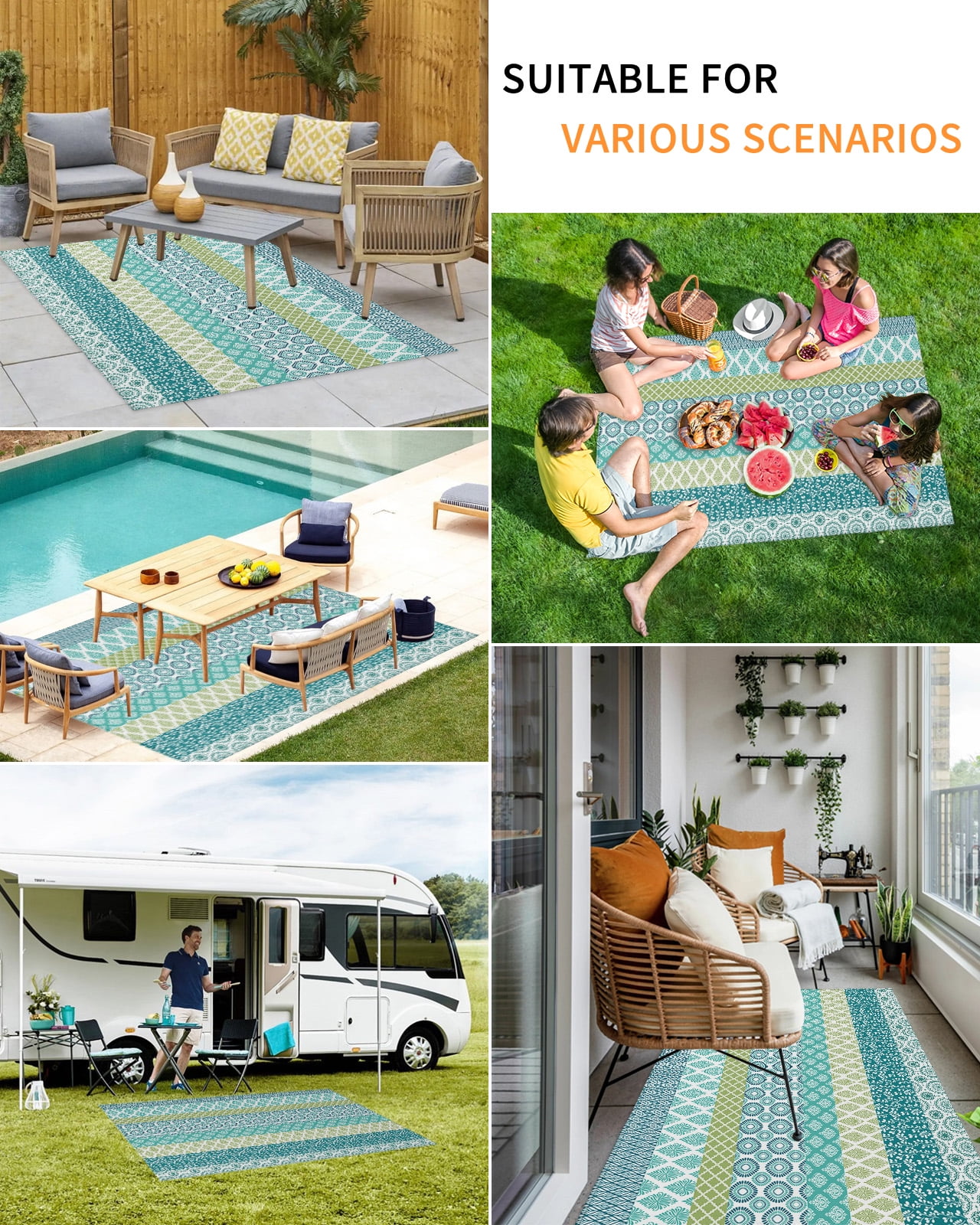 Outdoor Rug 5x8 ft Teal Blue Boho Waterproof Outdoor Patio Rug Mat Non Slip Outside Area Rugs Carpet for RV,Camping,Porch,Deck,Pool,Balconybackyard,Bohemian Geometric Pattern