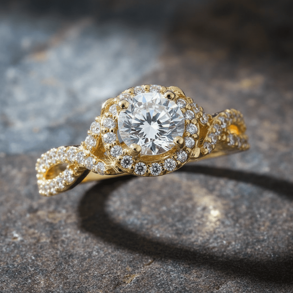 Vinali 14K Solid Yellow Gold Twist Halo Engagement Ring for Women - 0.84ct Round Center Stone - Size 6