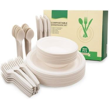 Biodegradable Paper Plates Set (EXTRA LONG UTENSILS), Disposable Dinnerware Set, Eco Friendly Compostable Plates & Utensil include Plates, Forks, Knives and Spoons for Party