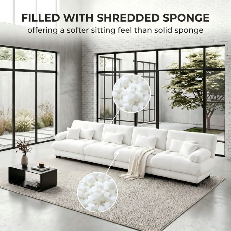 ANPPORT Cloud Couch Sleeper Sofa, Chenille White 4-Seater Modular Sofa, 4 Lumbar pillows, 2 Pillows, Comfy Deep Seat Cloud Sofa, Convertible L-Shaped Floor Couch for Living Room