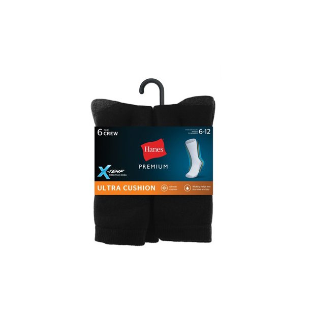 Hanes Premium Mens Xtemp Dry Crew Socks Size 6 to 12 Black 6 Pack
