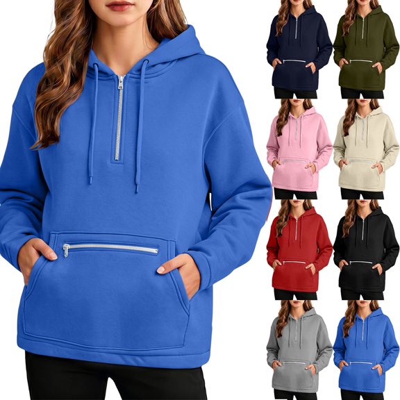 Women Hoodies Dqueduo Women's Solid Color Casual Zip-Up Long-Sleeve Loose Hoodie – V-Neck Sweatshirt Blue XL