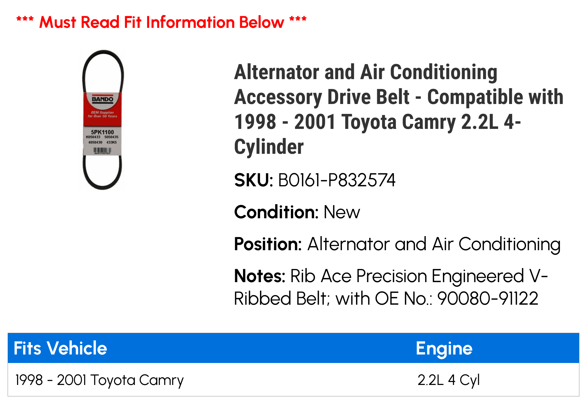 Alternator and Air Conditioning Accessory Drive Belt - Compatible with 1998 - 2001 Toyota Camry 2.2L 4-Cylinder 1999 2000