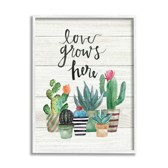 Stupell Industries Love Grows Here Cactus Succulents Watercolor White Framed Art Print Wall Art, 24x30, by Jo Moulton