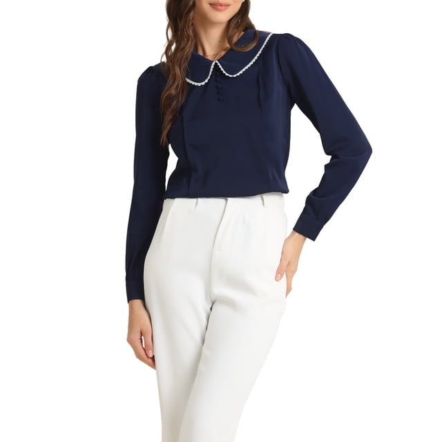 INSPIRAR CHIC Blusa de Manga Larga con Cuello Peter Pan y Botón Decorativo en la Espalda, Talla S, Azul Oscuro