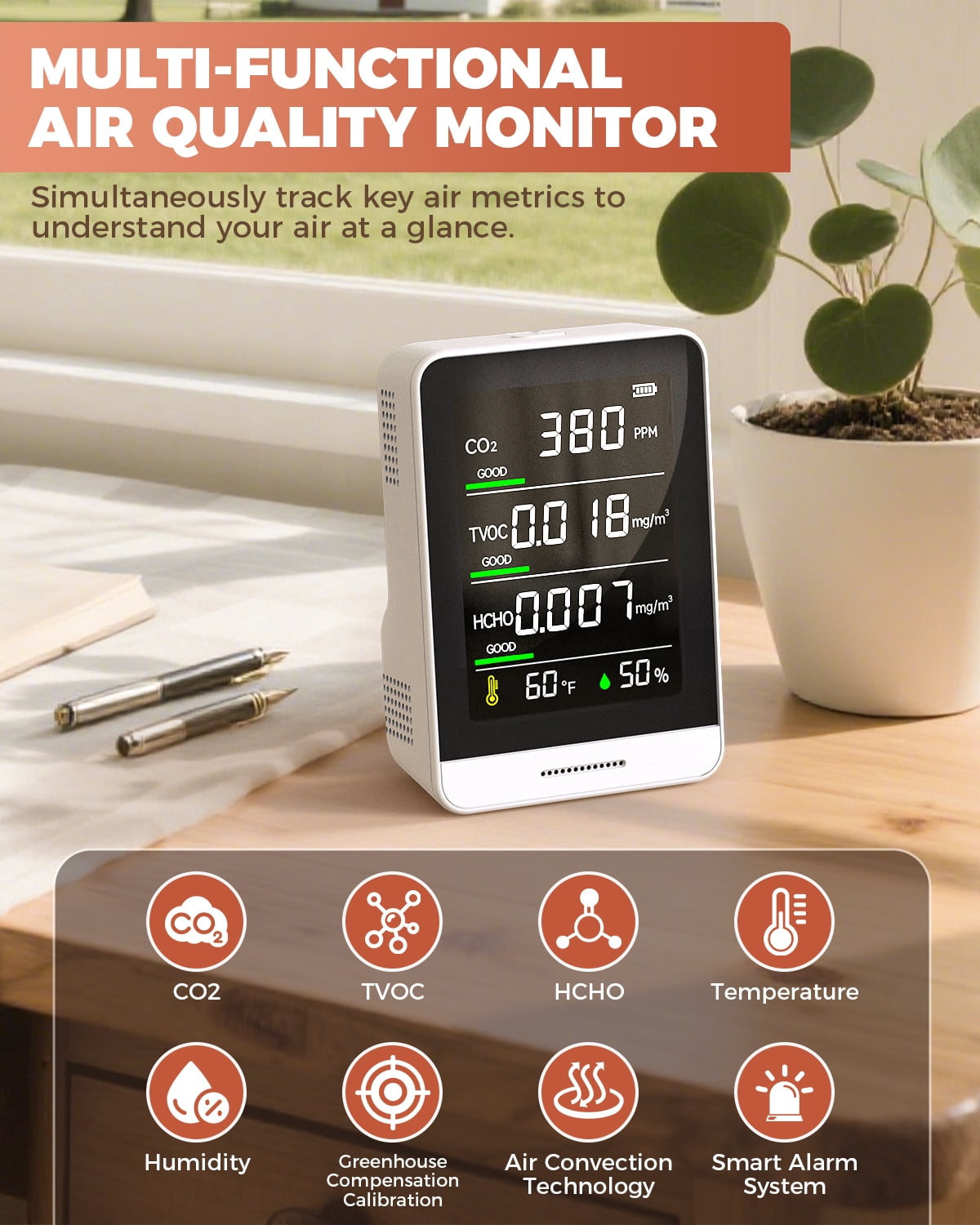 FLAZECON Air Quality Monitor Indoor, 5 in 1 Portable Real-Time Smart Air Quality Tester with CO2 Monitor, HCHO, TVOC, Temperature, Humidity Detector for Home, Office, Car, Hotel