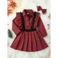 thumbnail image 3 of Franhais Kid Girl Fall 3Pcs Outfit Plaid Print Ruffled Long Sleeve Lapel Shirt Tops A-Line Skirt Bow Headband Set Clothes, 3 of 9