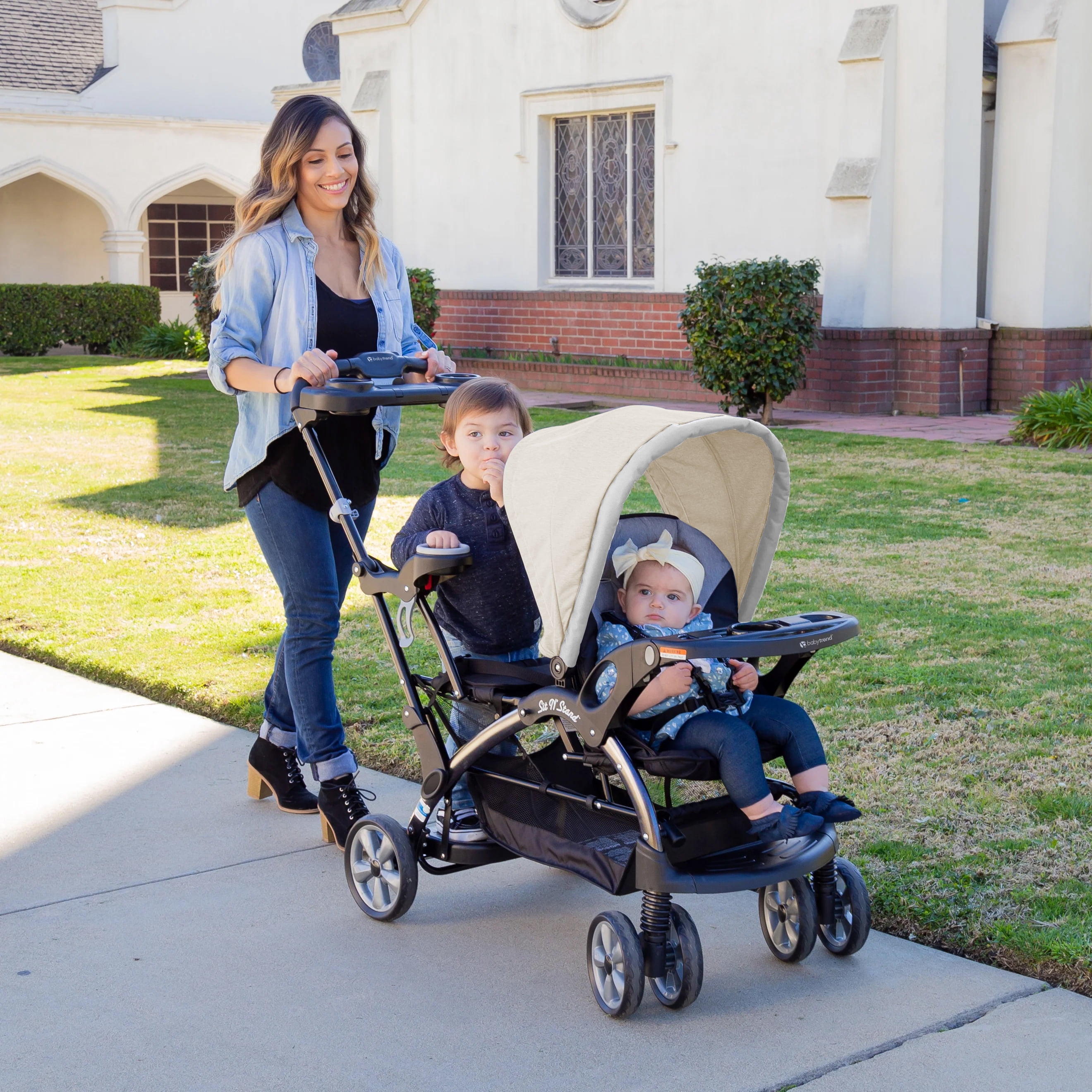 Baby Trend Sit N' Stand Easy Fold Travel Toddler  Baby Double Stroller, Khaki