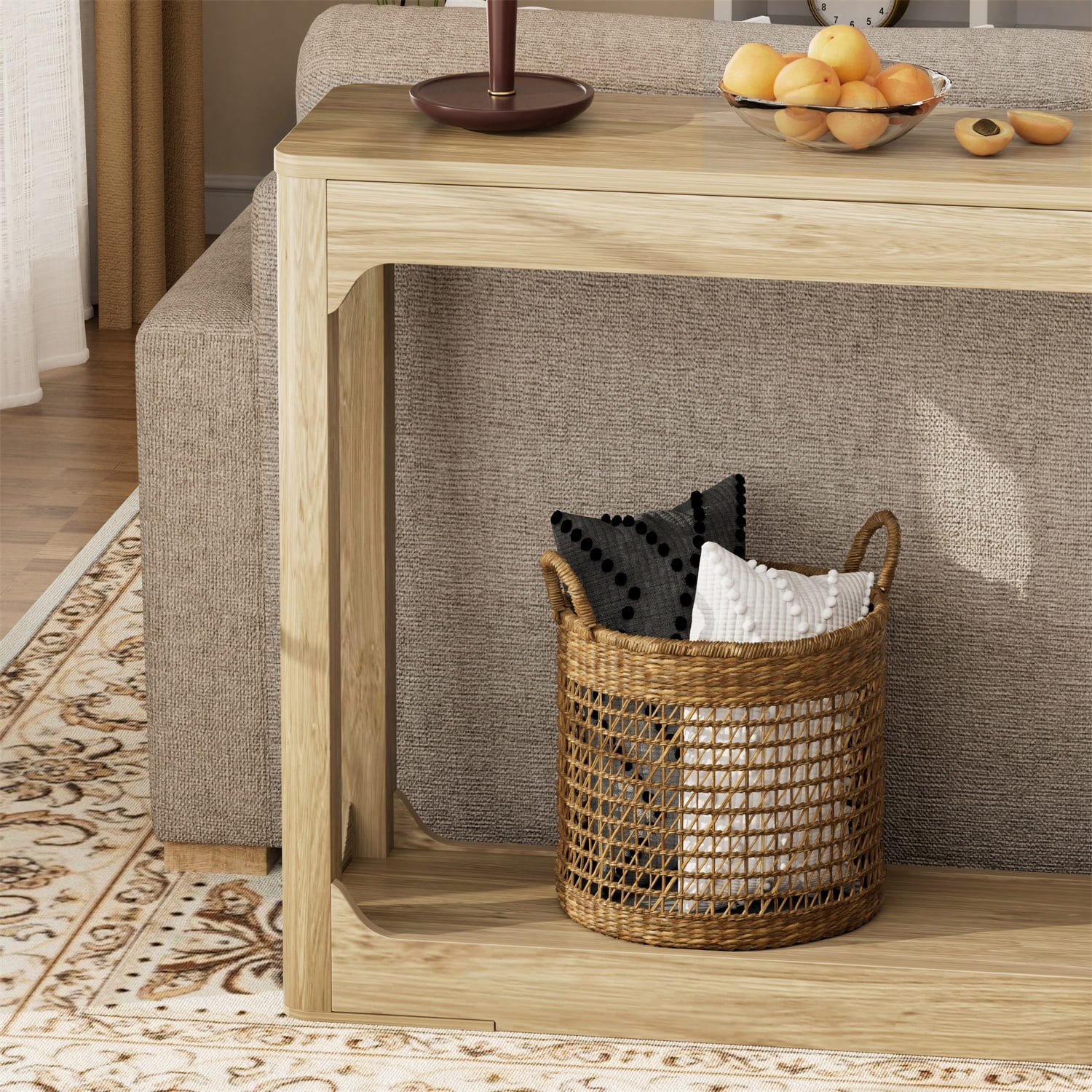 Hommoo 55.1-inch Curved-Leg Console Table, Slim Modern Entryway & Sofa Back Table with Open Shelf, Ideal for Hallways, Living Rooms & Small Spaces, Natural