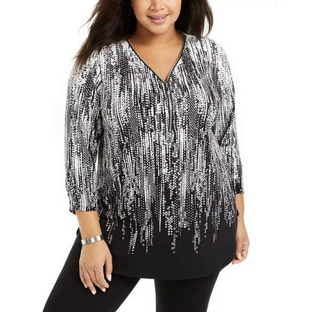 JM Collection Women's Plus Printed Zip Neck Tunic Black Size 2X