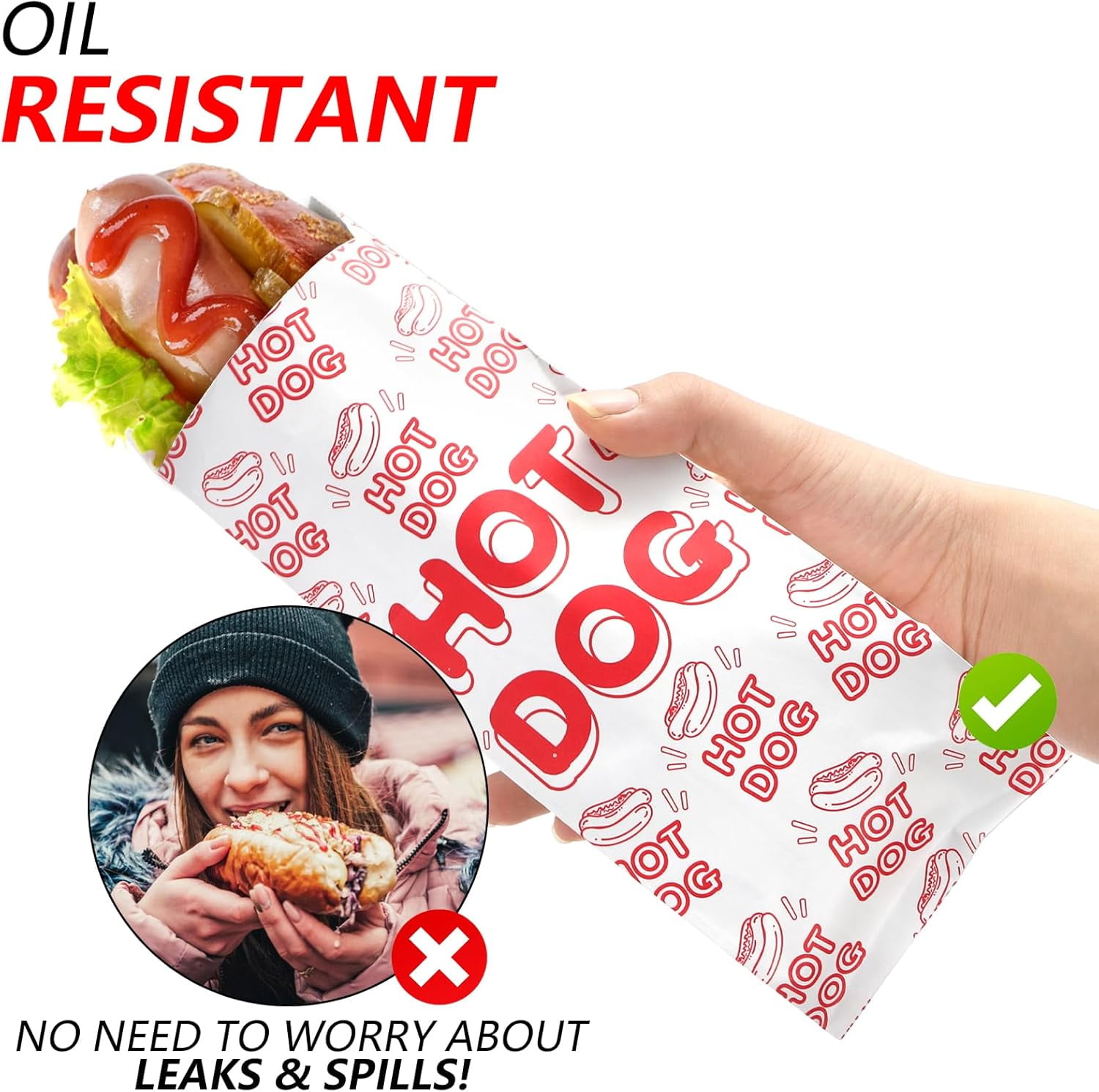 200 Pcs Hot Dog Wrappers, Foil Hot Dog Sleeves, Grease Proof Hotdog Bag, Food Wrapper Disposable for Fast Foods, Food Trucks, Snack Bars, Carnival, 9.4x3.5x1.5 Inches