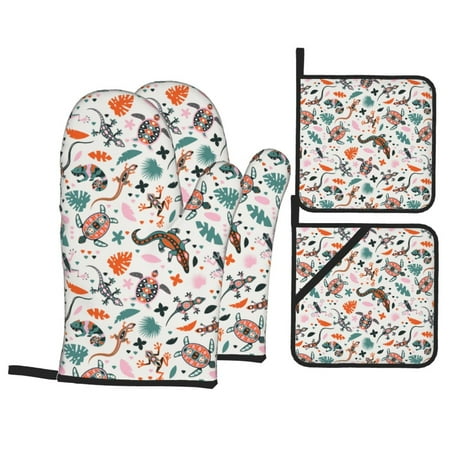 

Oven Mitts and Pot Holders Sets 4 pcs - Chameleon Lizard Turtle Frog Heat Resistant Silicone Oven Gloves with Non-Slip Silicone Surface and hot pads for kitchen Baking Cooking BBQ