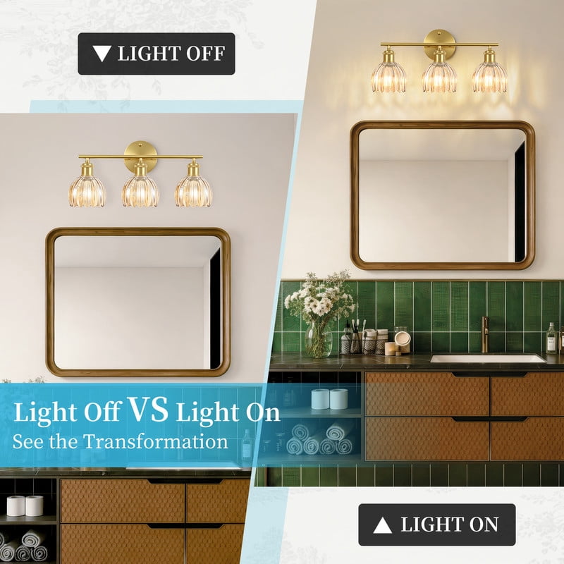 HKMGT 3-Light Gold Vanity Light with Amber Ribbed Glass, Reversible Mounting, E26 Base Wall Sconce for Bathroom & Hallway