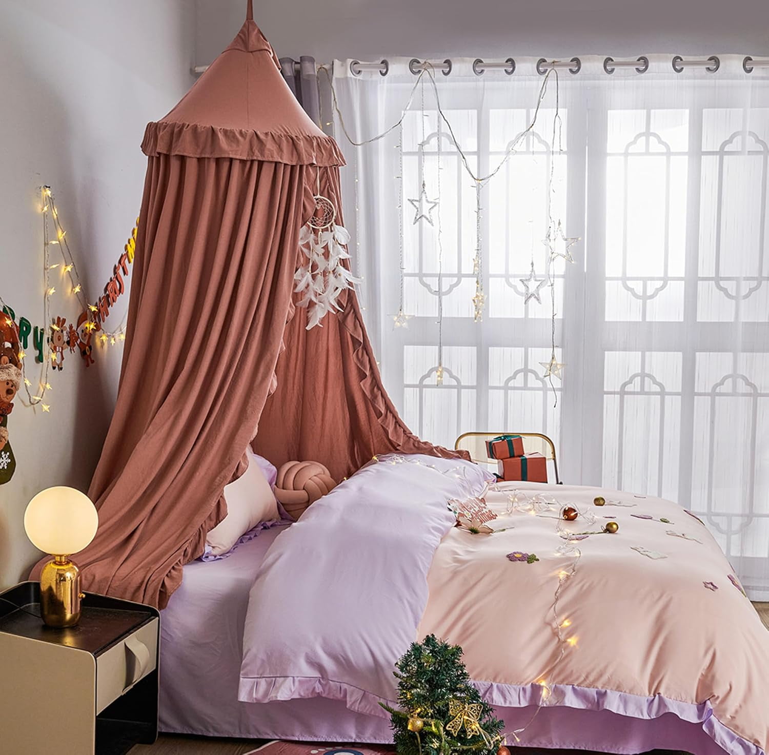 Bed Canopy for with Lights,Double Layer Princess Round Dome Dreamy Mosquito Net Bedding Girls Room Castle Play Tent Hanging House Decor Reading Nook Canopies(Gray/White)