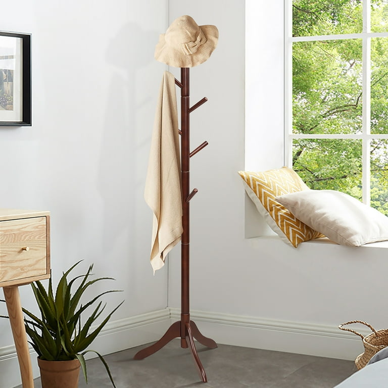 Costway Wooden Coat Rack Stand Entryway Hall Tree 2 Adjustable Height w/ 8  Hooks Brown