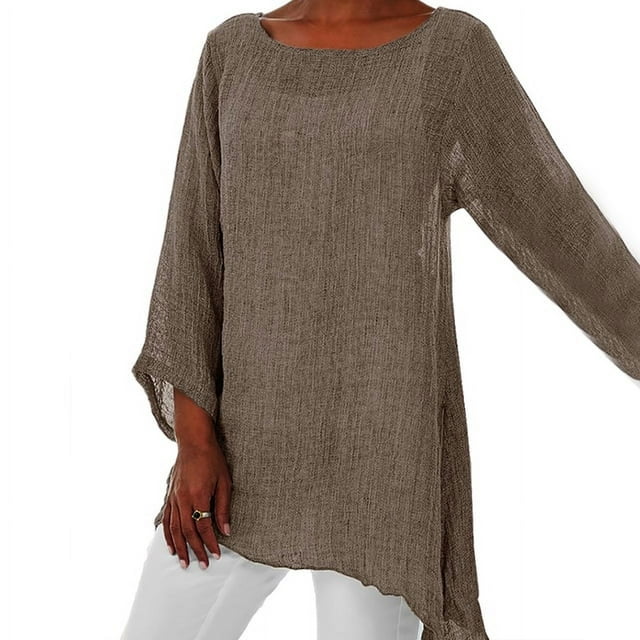 JUNWELL Hot Blouse Women Solid Color Cotton Linen O-Neck Long Sleeve Irregular Tunic Top Spring Summer Oversized Shirts