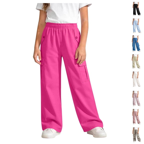 Hrsba Girls Cargo Pants Elastic Waist Outdoor Pocket Functional Trousers Loose Wide Leg Style Casual Full Length Bottoms for Unisex Kids Summer