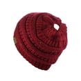 thumbnail image 4 of C.C BeanieTail Sparkly Sequin Cable Knit Messy High Bun Ponytail Beanie Hat, Burgundy, 4 of 4