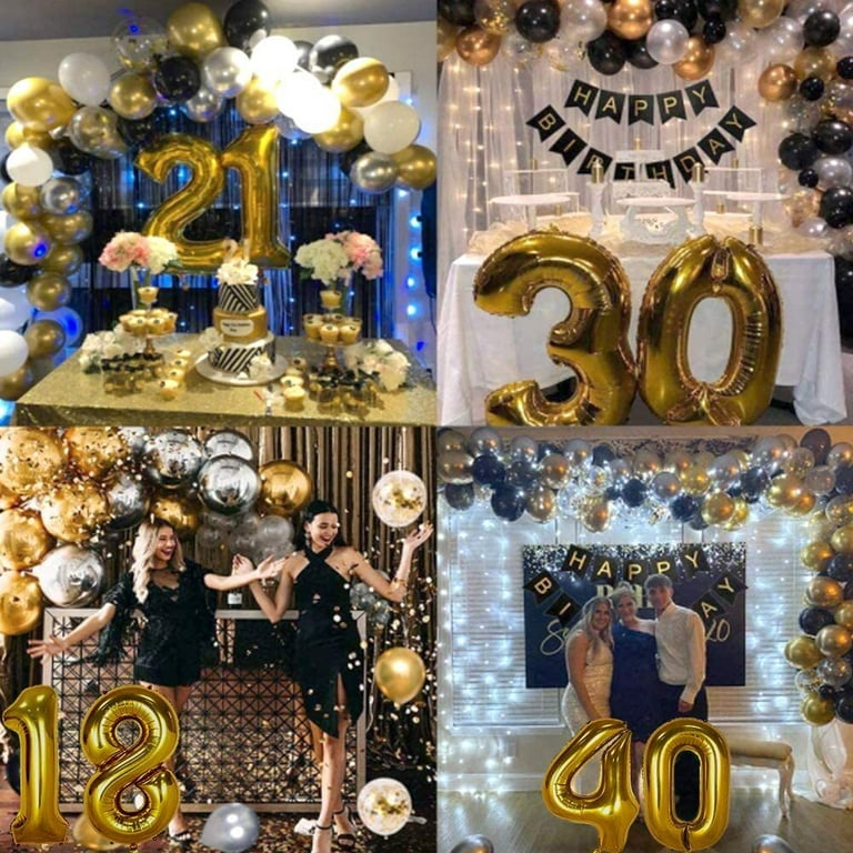 AOWEE Black and Gold Party Decorations Happy Birthday Confetti Balloons  with Banner, Crown Beer Bottle Foil Balloons for 18th 20th 30th 40th 50th  60th 70th Birthday Party 