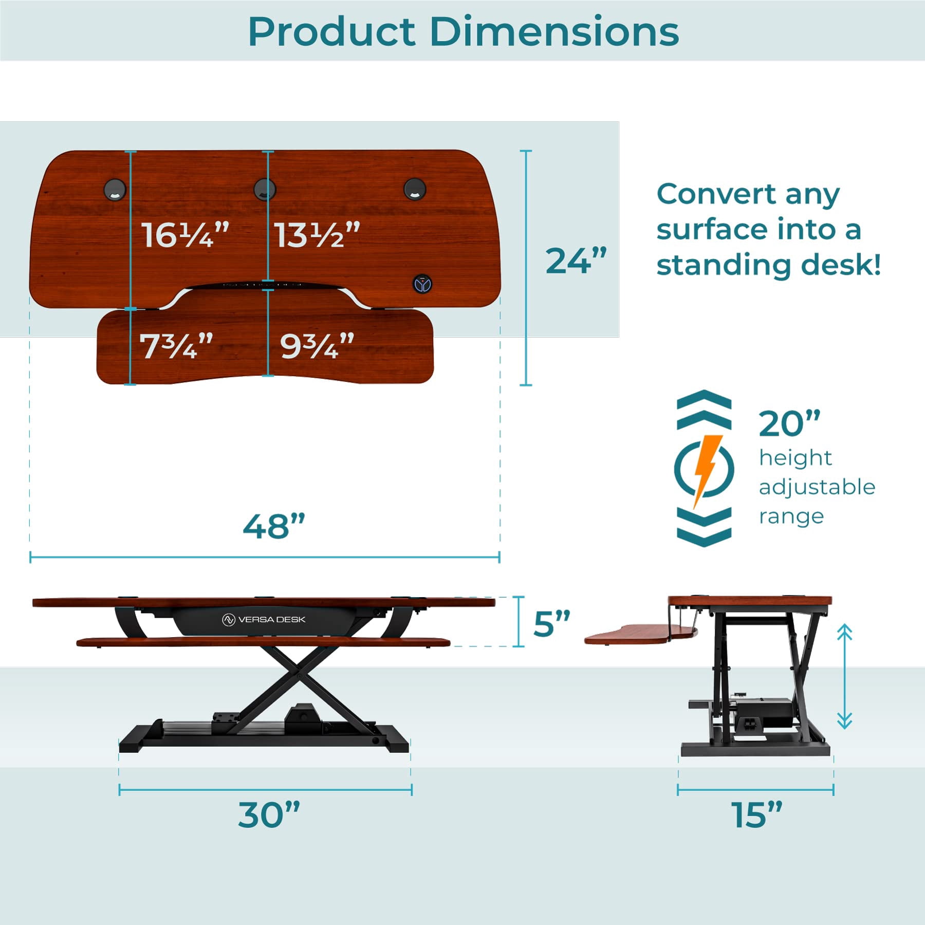 VersaDesk® 48"x24" Extra Wide Electric Height Adjustable Standing Desk Converter for Multi Monitor & Laptop Workstation, Cherry, w/ USB Charging Port