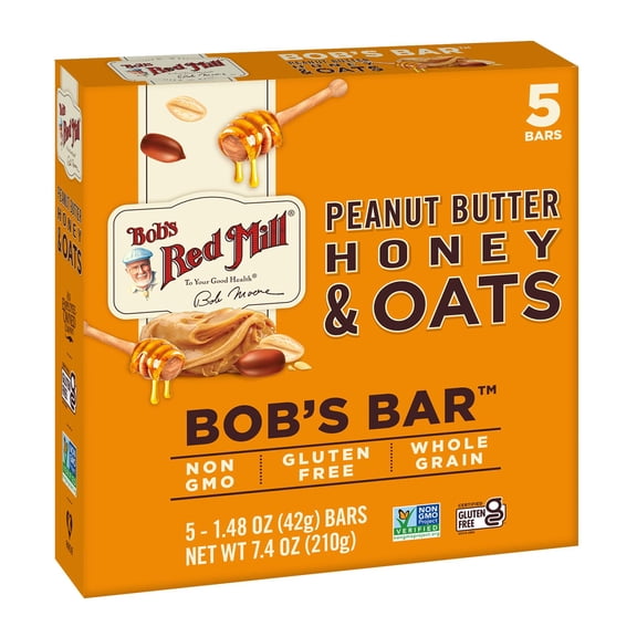 Bobs Red Mill Peanut Butter Honey & Oats Snack Bar - 5 Bars (Pack Of 1) - Gluten Free, Non-Gmo, Whole Grain
