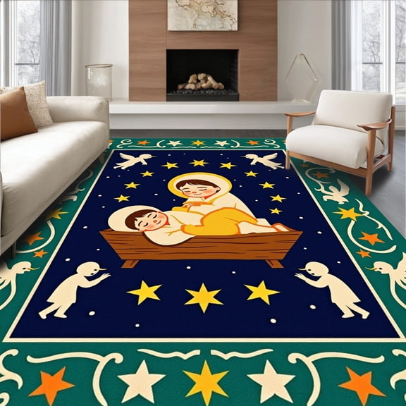 ODIKA 4'x6' Machine Washable Non-Slip Area Rug, Kit Manger Handwork Design High Traffic Rug, Blue, 650477