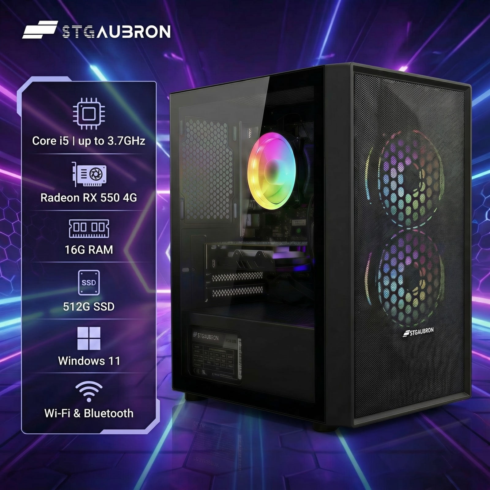 STGAubron Gaming Desktop PC, Intel Core I5 up to 3.7Ghz, Radeon RX 550 4G Graphics, 16G Ram, 512G SSD, Wifi, BT 5.0, RGB Fan x 2, Win 11 Home