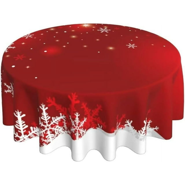 Merry Christmas Tablecloth 70x70 Inch Round Winter Red White Snowflakes Table Cloth Dust-Proof Wrinkle Resistant Rustic Tablecloth for Holiday Party Dining